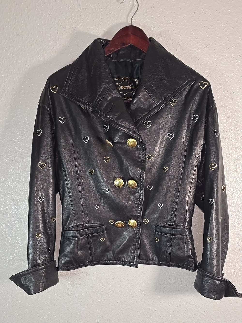 Herzog Design Black Leather Double-Breasted Jacket with Heart Embroidery